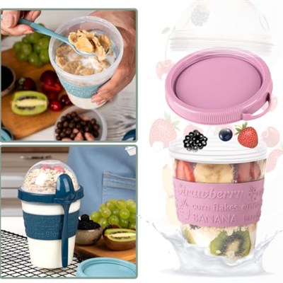 Renkli Take and Go Kaşıklı Hazneli Meyveli Yoğurt Kabı Piknik Iş Atıştırmalık Diyet Müsli Granola Süt Bardağı (Gece Mavisi)