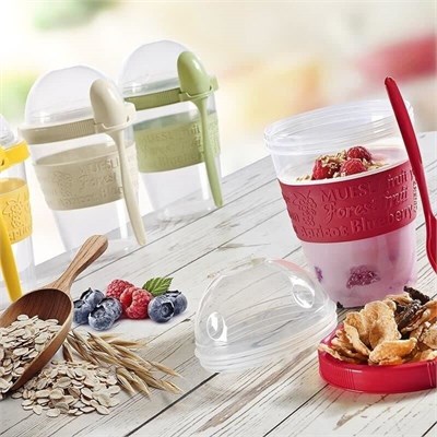 Renkli Take and Go Kaşıklı Hazneli Meyveli Yoğurt Kabı Piknik Iş Atıştırmalık Diyet Müsli Granola Süt Bardağı (Beyaz)