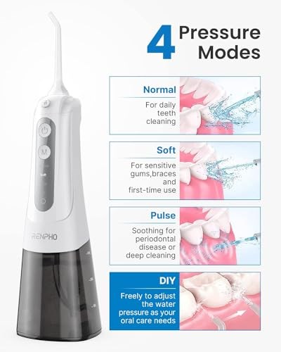 RENPHO Akülü Diş Duşu, 300ML Taşınabilir Suya Dayanıklı USB Şarj Edilebilir Dental Oral Irrigator, DIY ile 4 Mod, 5 Jet Uç, Su Diş Seçtikleri Ev Seyahati için Diş Temizleyici