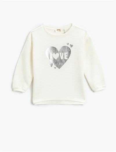 Ribbanalı Sweatshirt Parlak Kalp Baskılı Bisiklet Yaka