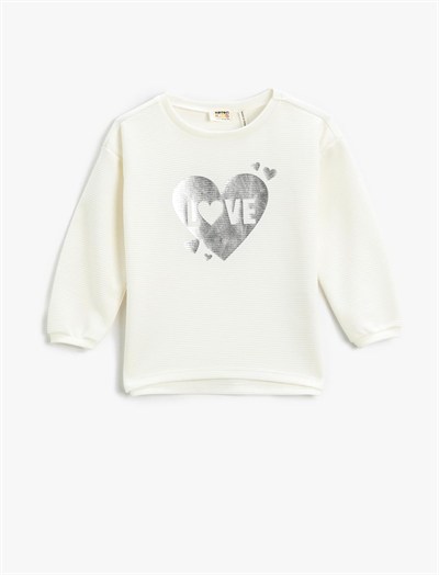 Ribbanalı Sweatshirt Parlak Kalp Baskılı Bisiklet Yaka