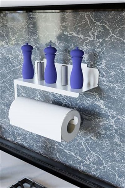 Risingmaber Ultra Güçlü Yapışkanlı Beyaz Metal Baharatlık Raflı Havluluk, Kağıt Havlu Tutucu MT94B