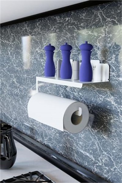 Risingmaber Ultra Güçlü Yapışkanlı Beyaz Metal Baharatlık Raflı Havluluk, Kağıt Havlu Tutucu MT94B