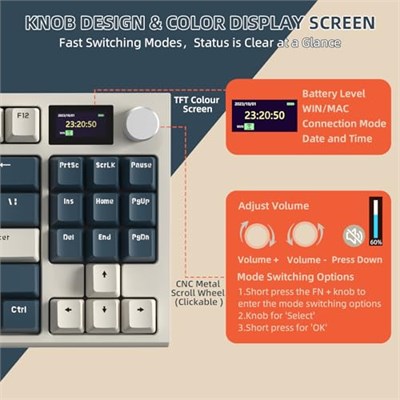 RK86 Kablosuz Mekanik Klavye, Gaming Klavye Conta Montajlı, 3 Mod (2.4Ghz/Bluetooth/Type C) Apex Pro TKL RGB 75% Oyuncu Klavyesi, TFT Renkli Ekran, Topuz, Hot Swappable Doğrusal Anahtar