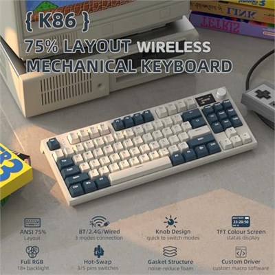 RK86 Kablosuz Mekanik Klavye, Gaming Klavye Conta Montajlı, 3 Mod (2.4Ghz/Bluetooth/Type C) Apex Pro TKL RGB 75% Oyuncu Klavyesi, TFT Renkli Ekran, Topuz, Hot Swappable Doğrusal Anahtar