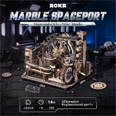 ROKR Yetişkinler için 3D Bulmacalar, Elektrikli Model Kitleri Mermer Spaceport LGC01, 472 adet Mermer Koşusu Beyin Teaser Ahşap Yapboz Yapboz Yapboz Oyuncak Masa Dekoru Erkekler/Kadınlar/Gençler için