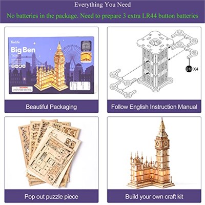Rolife Ahşap Yapboz Yetişkin 3D Model Yapımı Ahşap Yapı Kiti Yetişkin Gençler için 220 Parça, Big Ben