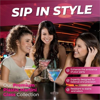 Rose Gold Glitter Plastik Martini Bardakları (4lü Set), 269 ml, Kırılmaz Tekrar Kullanılabilir, Kokteyl Bardağı - Partiler, Havuz Kenarı, Karavan, Kamp, Tatil, Eğlence için İdeal