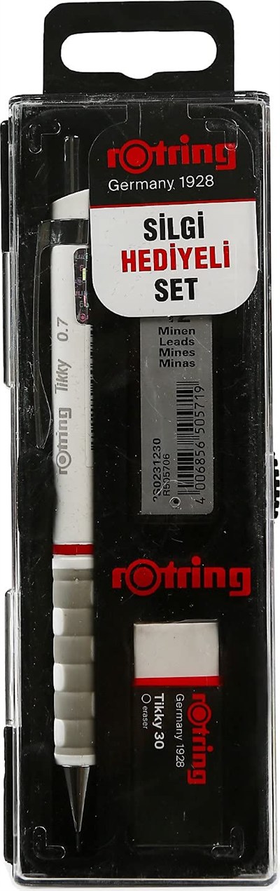 rOtring Tikky Mekanik Kurşun Kalem, Uç ve Silgi Seti, 0,7 mm Kalem, 2B Uç, Orta Boy Silgi, Beyaz, 3lü Set