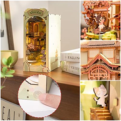 Rowood Yetişkinler için Kitap Köşesi Kitleri, 3D Ahşap Yapboz Kitaplık, Kitaplık Dekor Ekleme Sokağı, Yetişkinler için DIY Minyatür Booknook Modeli El Sanatları Kitleri, Doğum Günü Noelinde LEDli