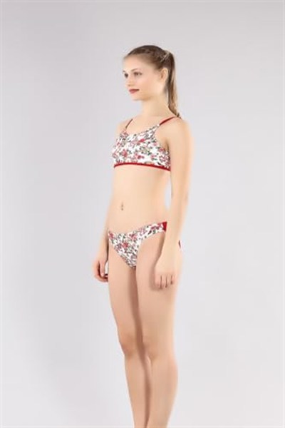 RUKO 2263-2 KIZ ÇOCUK ÇİÇEKLİ KIRMIZI BİKİNİ