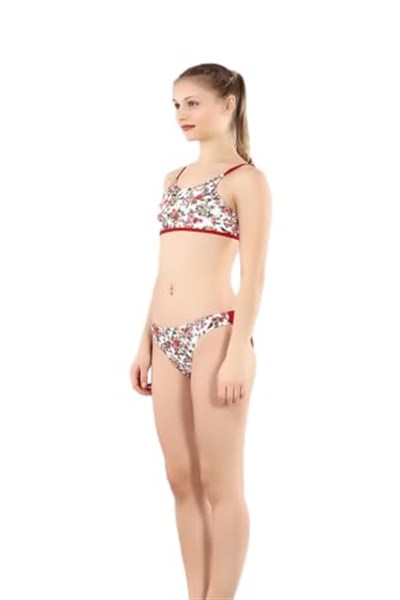 RUKO 2263-2 KIZ ÇOCUK ÇİÇEKLİ KIRMIZI BİKİNİ