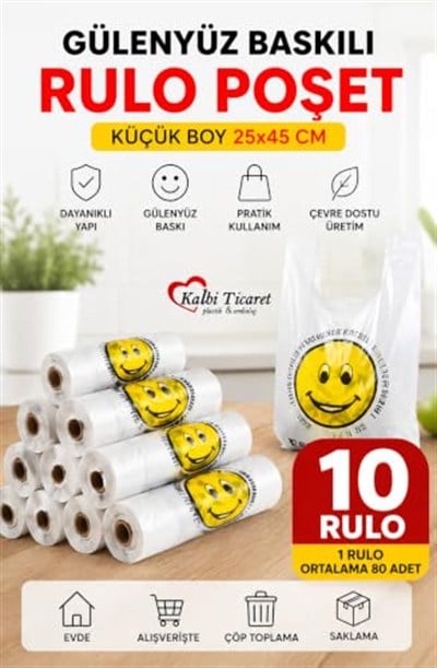Rulo Poşet Küçük Boy 10 Rulo Gülenyüz Baskılı Poşet Hışır Atlet Poşet Market Manav Poşeti