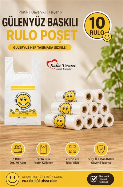 Rulo Poşet Orta Boy 10 Rulo Gülenyüz Baskılı Poşet Hışır Atlet Poşet Market Manav Poşeti