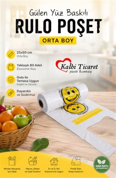 Rulo Poşet Orta Boy Gülenyüz Baskılı Poşet Hışır Atlet Poşet Market Manav Poşeti Beyaz Poşet