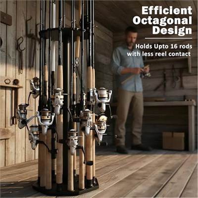 Rush Creek Creations 16 Çubuk İplik Olta Rafı - Garaj, Bodrum veya Kulübe için Premium Olta Tutacağı - Balık Ağları, Mücadele ve Aksesuarlar için Üst Plaka Ekleri - Olta Takımı Depolama