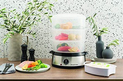 Russell Hobbs 19270-56 Buharlı Pişirici, 9 L, 800 Watt, 60 Dakika Zamanlayıcı, Bulaşık Makinesinde Yıkanabilir, BPA İçermez, Pirinç/Yumurta kapları, Paslanmaz Çelik/Siyah