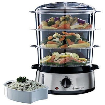 Russell Hobbs 19270-56 Buharlı Pişirici, 9 L, 800 Watt, 60 Dakika Zamanlayıcı, Bulaşık Makinesinde Yıkanabilir, BPA İçermez, Pirinç/Yumurta kapları, Paslanmaz Çelik/Siyah