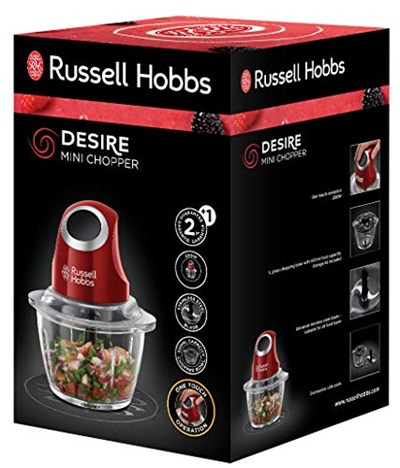 Russell Hobbs 24660-56 Mini Doğrayıcı Desire, Tek Elle Kontrol Düğmesi, Kapak Dahil 500 Ml Cam Kap, Sebze Doğrayıcı, Elektrikli Karıştırıcı, Sebzeler, Meyveler ve Etler İçin, Kırmızı