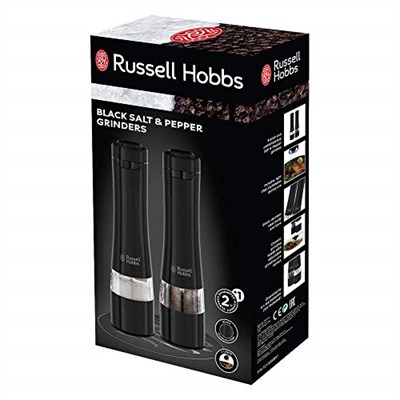 Russell Hobbs 28010-56 Tuz ve Karabiber Öğütücü Seti, Elektirikli, Seramik Öğütücü, İnce ve İri Ayarlanabilir Öğütme Seviyesi, LED Aydınlatma, Pille Çalıştırma, Baharat Öğütücü, Siyah