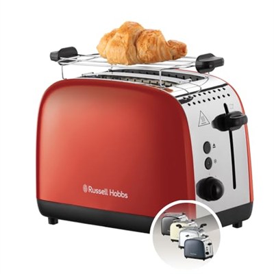 Russell Hobbs Ekmek kızartma makinesi [2 dilim için] Colours Plus paslanmaz çelik kırmızı (ekstra geniş yuvalar, 6 kademeli hızlı kızartma, kaldırma ve kontrol, buz çözme, ısıtma, 1600W) Toaster 26554