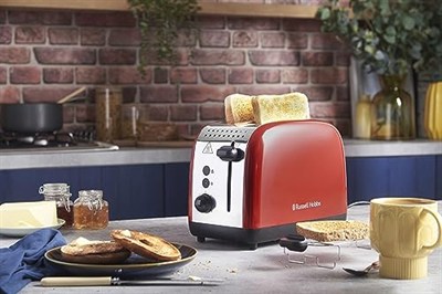 Russell Hobbs Ekmek kızartma makinesi [2 dilim için] Colours Plus paslanmaz çelik kırmızı (ekstra geniş yuvalar, 6 kademeli hızlı kızartma, kaldırma ve kontrol, buz çözme, ısıtma, 1600W) Toaster 26554