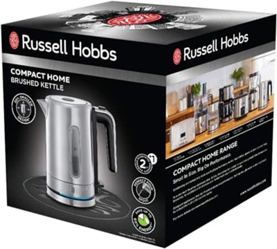 Russell Hobbs Mini Su Isıtıcısı Kompakt Paslanmaz Çelik, 0.8L, 2200W, Led Aydınlatma, Kireç Filtresi, Optimize Edilmiş Dökme Musluğu, Yerden Tasarruf Sağlayan, Küçük Seyahat Su Isıtıcısı, Kompakt Çay 