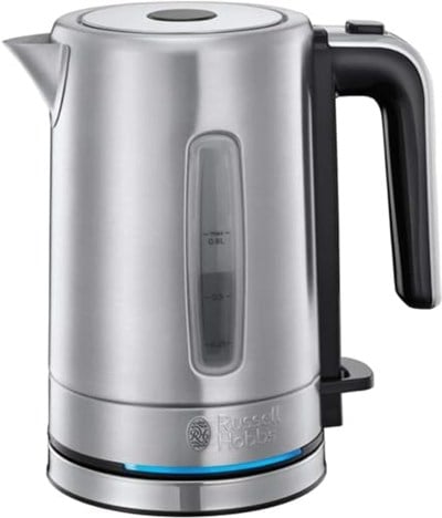 Russell Hobbs Mini Su Isıtıcısı Kompakt Paslanmaz Çelik, 0.8L, 2200W, Led Aydınlatma, Kireç Filtresi, Optimize Edilmiş Dökme Musluğu, Yerden Tasarruf Sağlayan, Küçük Seyahat Su Isıtıcısı, Kompakt Çay 