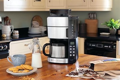 Russell Hobbs Öğütücülü kahve makinesi, termos, 10 fincan, dijital programlanabilir zamanlayıcı, 3 kademeli öğütme derecesi ayarı, 1000 W, filtre kahve çekirdekleri için Grind&Brew 25620-56