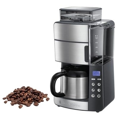 Russell Hobbs Öğütücülü kahve makinesi, termos, 10 fincan, dijital programlanabilir zamanlayıcı, 3 kademeli öğütme derecesi ayarı, 1000 W, filtre kahve çekirdekleri için Grind&Brew 25620-56