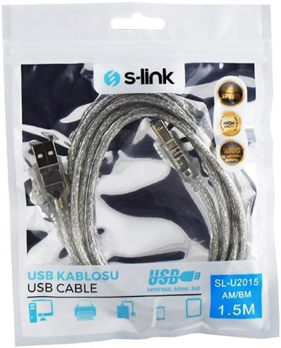 S-Link SL-U2015 Usb2.0 1.5m Şeffaf Yazıcı Kablosu, Şeffaf - Seçenekler: 1.5 Metre, 3 Metre, 5 Metre, 10 Metre