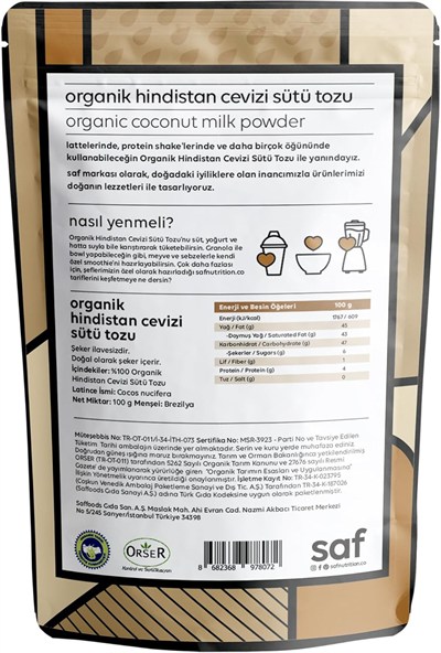 Saf Organik Hindistan Cevizi Sütü Tozu 100 Gr