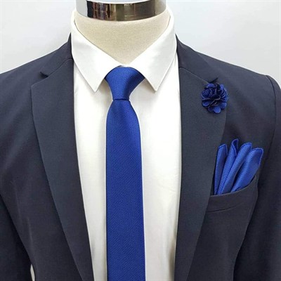 Saks Mavi Kravat Mendil Yaka Çiçeği Set KMD-3