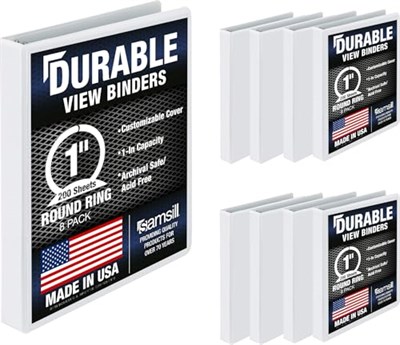 Samsill Dayanıklı 1 İnç Klasör, ABDde Üretilmiştir, Yuvarlak Halka Özelleştirilebilir Şeffaf Klasör, Beyaz, 8li Paket (S88437) - Seçenekler: 1-Inch, .5-Inch