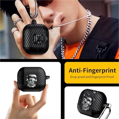 Samsung Galaxy Buds 3 FE/Buds 3 Pro/Buds 3 Kılıf Kapak Kafatası Kilitli ve Anahtarlıklı Erkekler için, Komik Karbon Fiber Darbeye Dayanıklı Sert Kabuk İskelet Kapak Galaxy Buds 3 Pro için