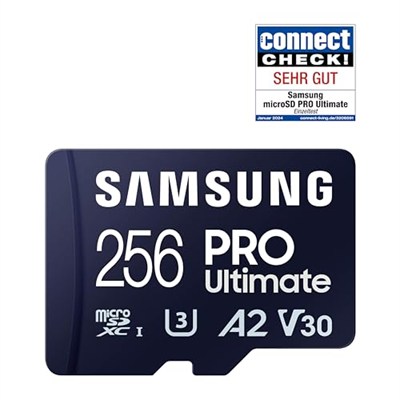 Samsung PRO Ultimate microSD kart + SD adaptörü, 256 GB, akıllı telefonlar, drone ve aksiyon kamerası, UHS-I U3, 200 MB/s okuma, 130 MB/s yazma, MB-MY256SA/WW