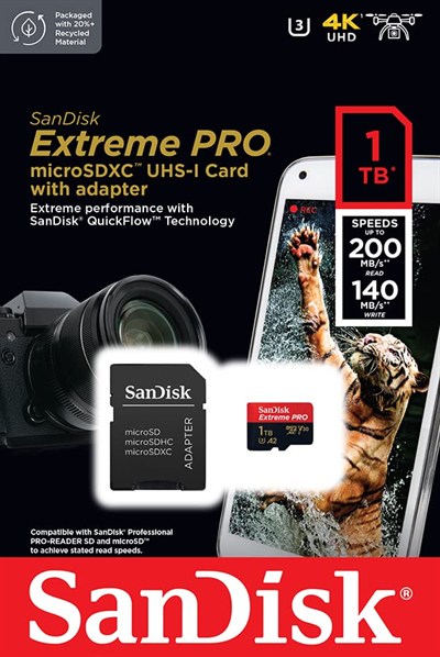 SanDisk 1 TB Extreme PRO microSDXC kart + SD adaptör + RescuePRO Deluxe, 200 MB/sye kadar, A2 Uygulama Performansı, UHS-I, Sınıf 10, U3, V30 ile