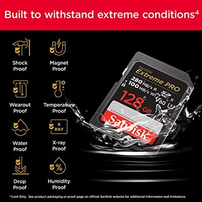 SanDisk 128GB Extreme PRO SDXC UHS-II Hafıza Kartı - C10, U3, V60, 6K, 4K UHD, SD Kart - SDSDXEP-128G-GN4IN