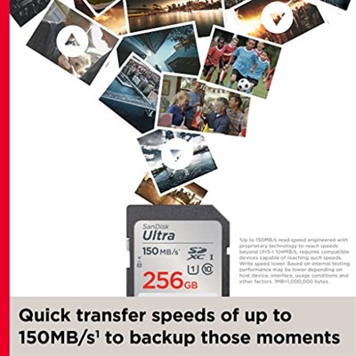 SanDisk 256 GB Ultra SDXC bellek kartı, 150 MB/sye kadar, A1 uygulama performansı, UHS-I, Class 10, U1