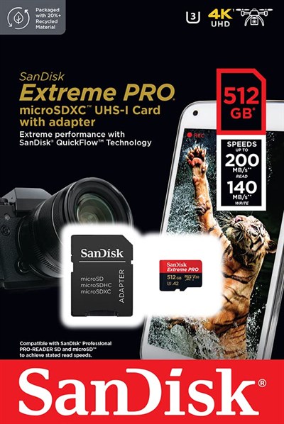 SanDisk 512 GB Extreme PRO microSDXC Kart + SD Adaptörü + RescuePRO Deluxe, 200 MB/snye kadar, A2 Uygulama Performansı, UHS-I, Sınıf 10, U3, V30 ile