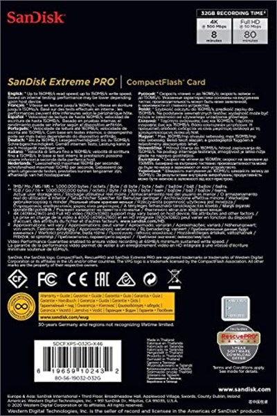 SanDisk Extreme Pro 32GB CompactFlash Hafıza Kartı UDMA 7 160MB/sne kadar - SDCFXPS-032G-X46 - Seçenekler: 32GB, 128GB, 256GB, 64GB