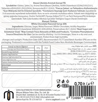 Saphori Beyaz Çikolata Aromalı Kokteyl Şurubu, Beyaz Çikolata Şurubu, White Chocolate, Kahve Şurubu 700 ML