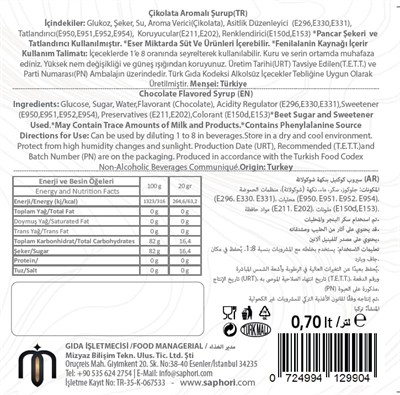 Saphori Çikolata Aromalı Kokteyl Şurubu, Çikolata Şurubu, Kahve Şurubu 700 ML