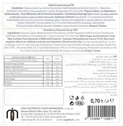 Saphori Çilek Aromalı Kokteyl Şurubu, Çilek Şurubu, Kahve Şurubu 700 ML