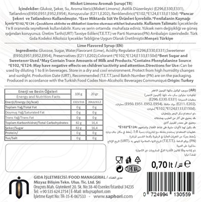 Saphori Lime - Misket Limonu Aromalı Kokteyl Şurubu, Lime Şurubu, Misket Limonu Şurubu, Kahve Şurubu, Yeşil Limon Şurubu 700 ML