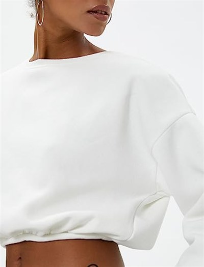 Şardonlu Crop Sweatshirt Bisiklet Yaka Beli Ribanalı Uzun Kollu