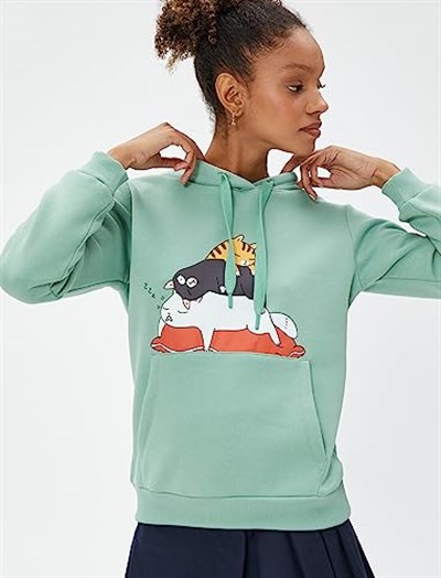 Şardonlu Kapüşonlu Sweatshirt Kedi Baskılı Kanguru Cepli