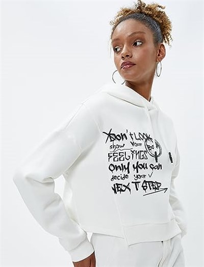 Şardonlu Kapüşonlu Sweatshirt Slogan Baskılı Asimetrik Kesim
