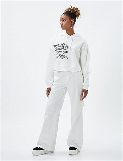 Şardonlu Kapüşonlu Sweatshirt Slogan Baskılı Asimetrik Kesim