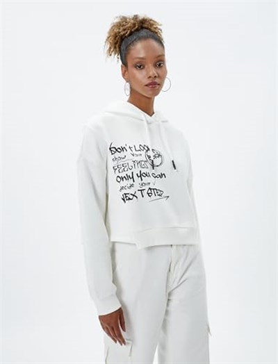 Şardonlu Kapüşonlu Sweatshirt Slogan Baskılı Asimetrik Kesim